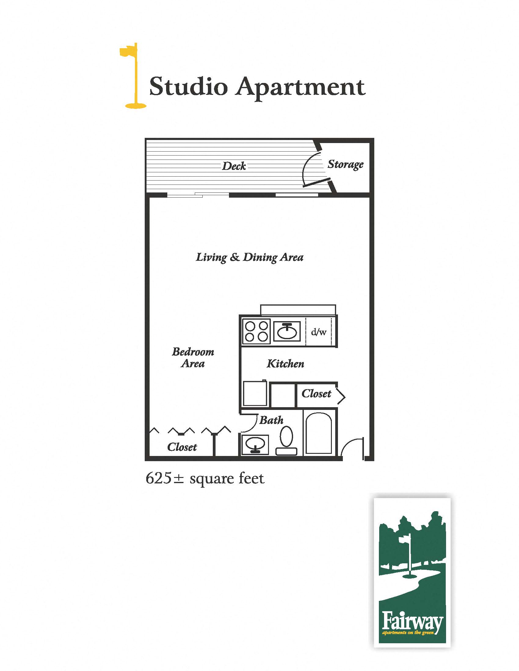 Floor plan for studio, 1 bath, 625 sqft